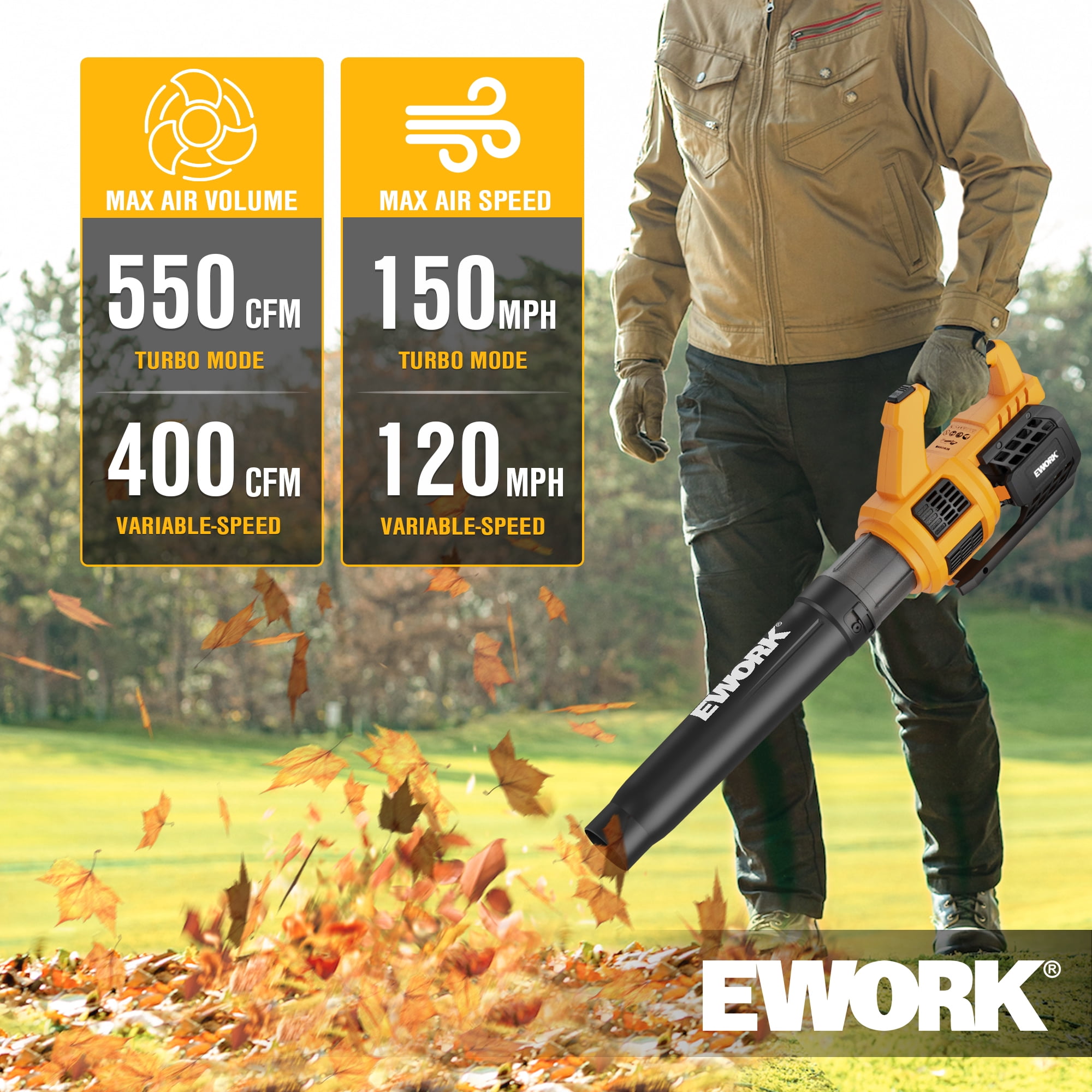 EWORK Cordless Leaf Blower, 20V Electric Handheld Blower with 2X 3.0Ah Batteries & Fast Charger, 550CFM 150MPH Lightweight 3.2Lbs for Lawn Care Yard Patio Cleaning - Yellow