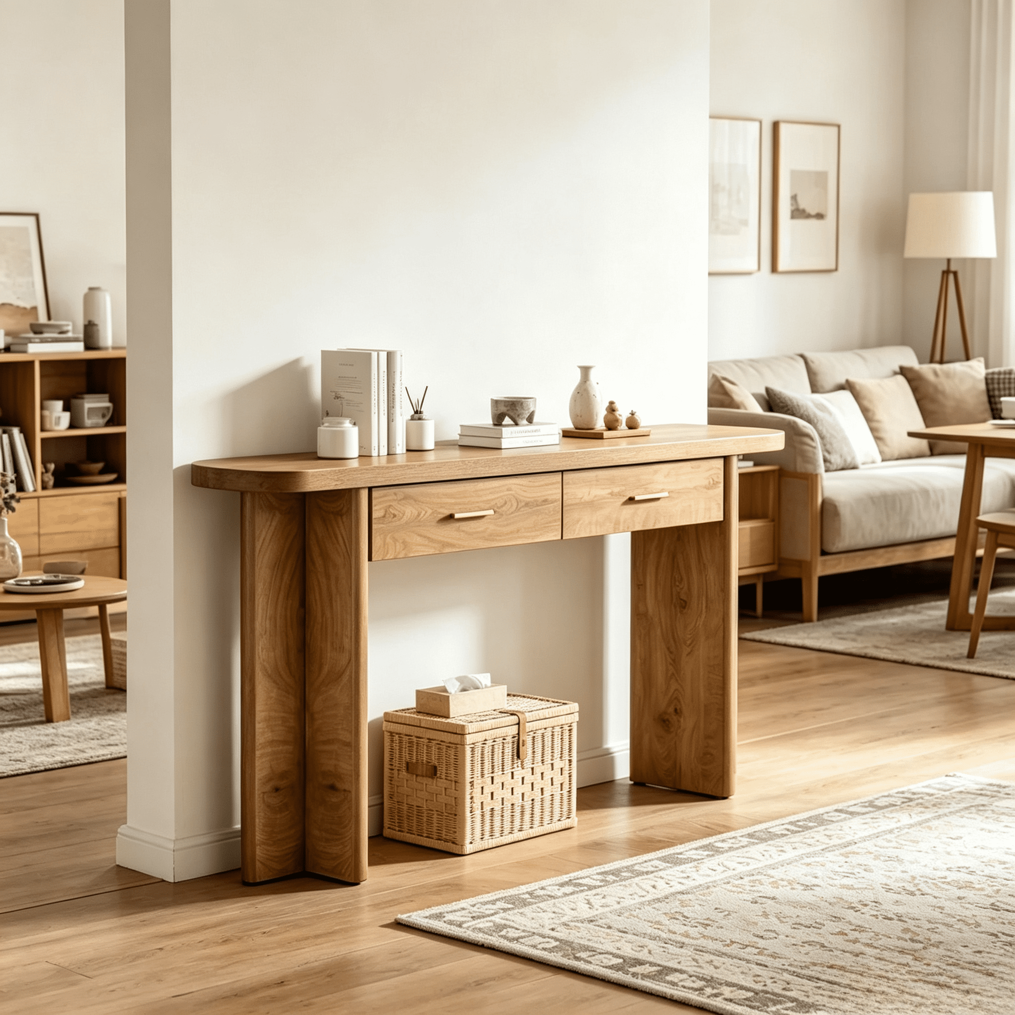 63 Inch Rustic Console Table with 2 Drawers, MDF Entryway Table with Gold Handles & Rounded Edges, 220 lbs Tabletop Capacity for Hallway Sofa Kitchen