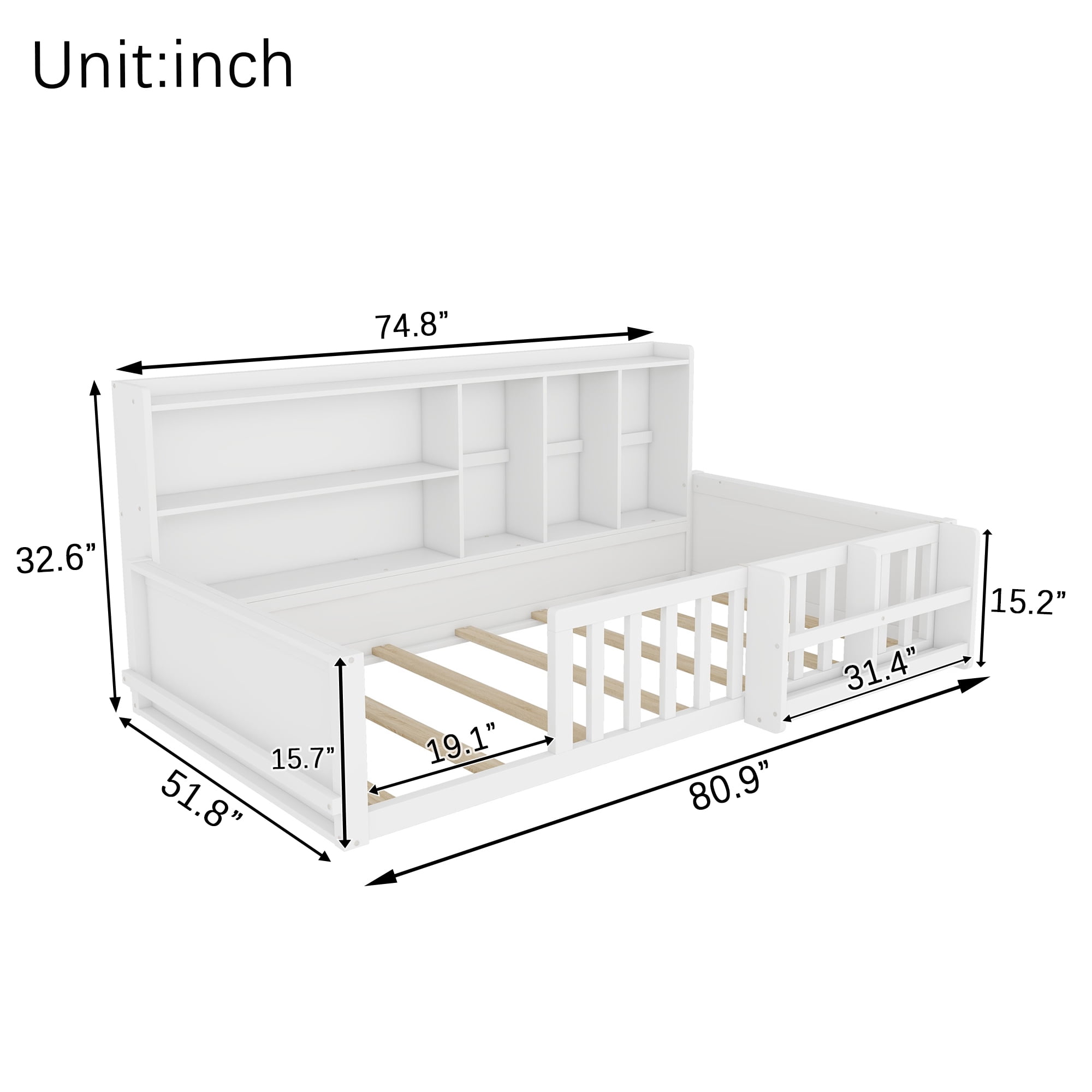 Mintazer Twin Size Montessori Floor Bed with Bookshelf & Guardrails, Kids Platform Bed Frame with Storage Cubbies for Bedroom, White