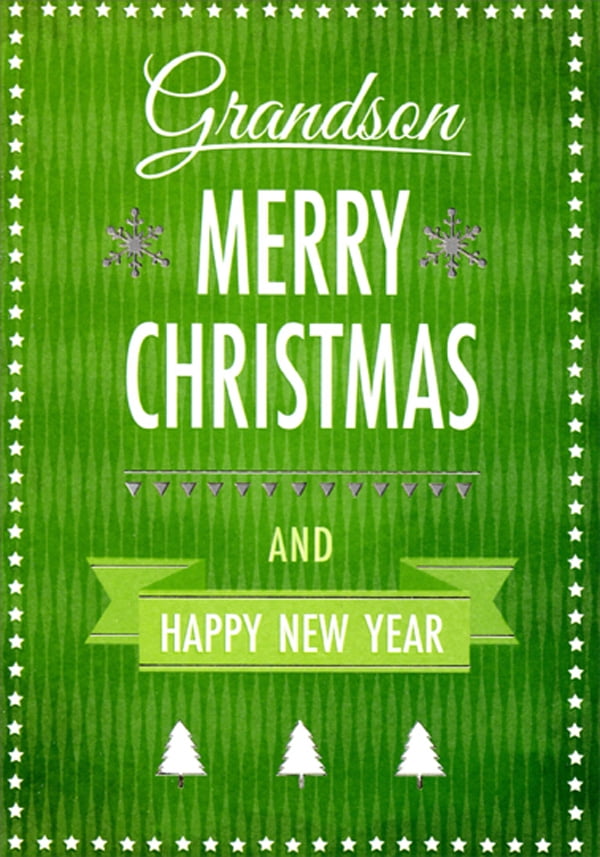 Designer Greetings Silver Snowflakes on Light Green with White Stars Border Grandson Christmas Card
