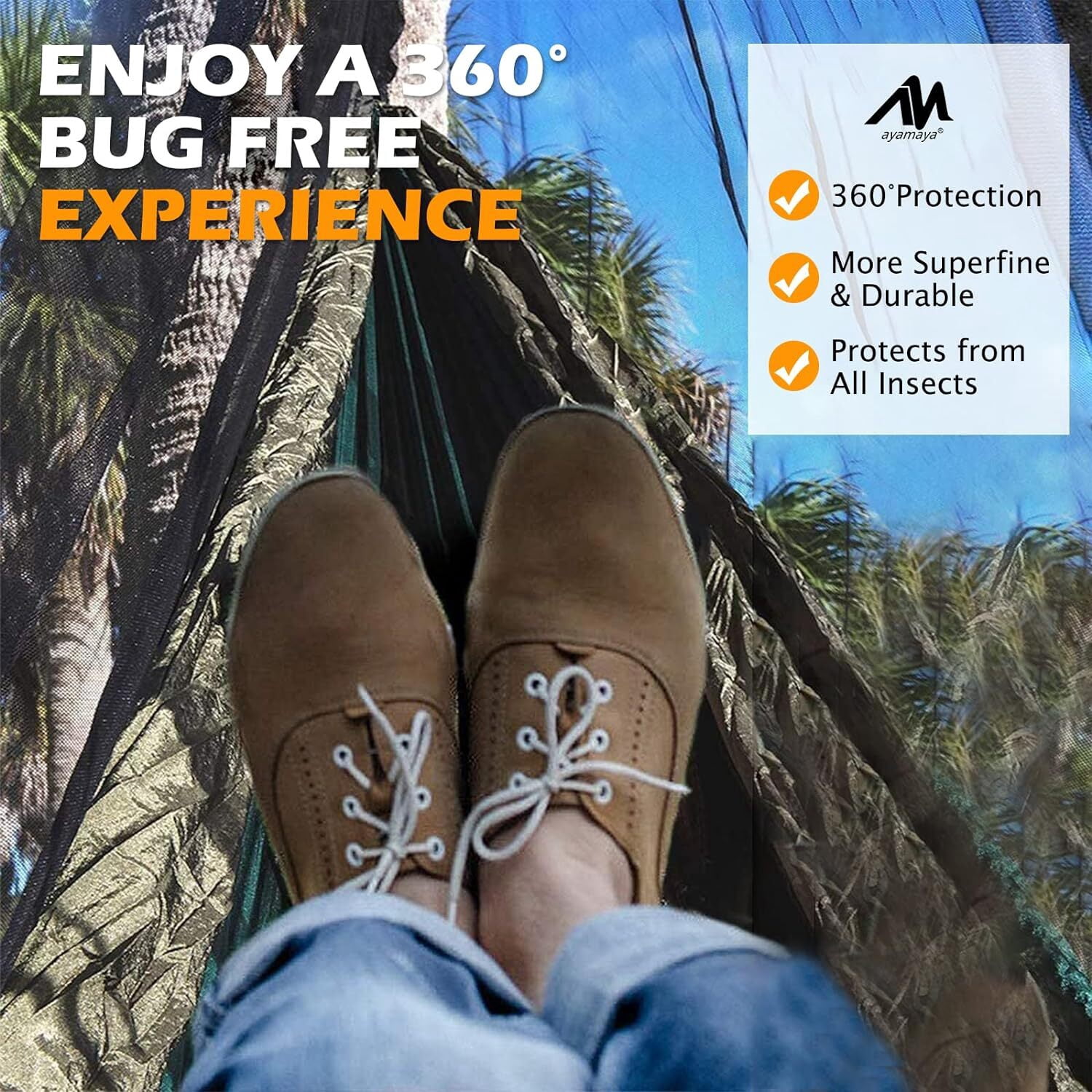 AYAMAYA Hammock Bug Net 11.5x5 ft, Ultralight Backpacking Outdoor Protection Guardian Camping Hammock, Wide Room No-See-Um Breathable Mesh Netting Equip with Hanging Bag & Lantern Hook