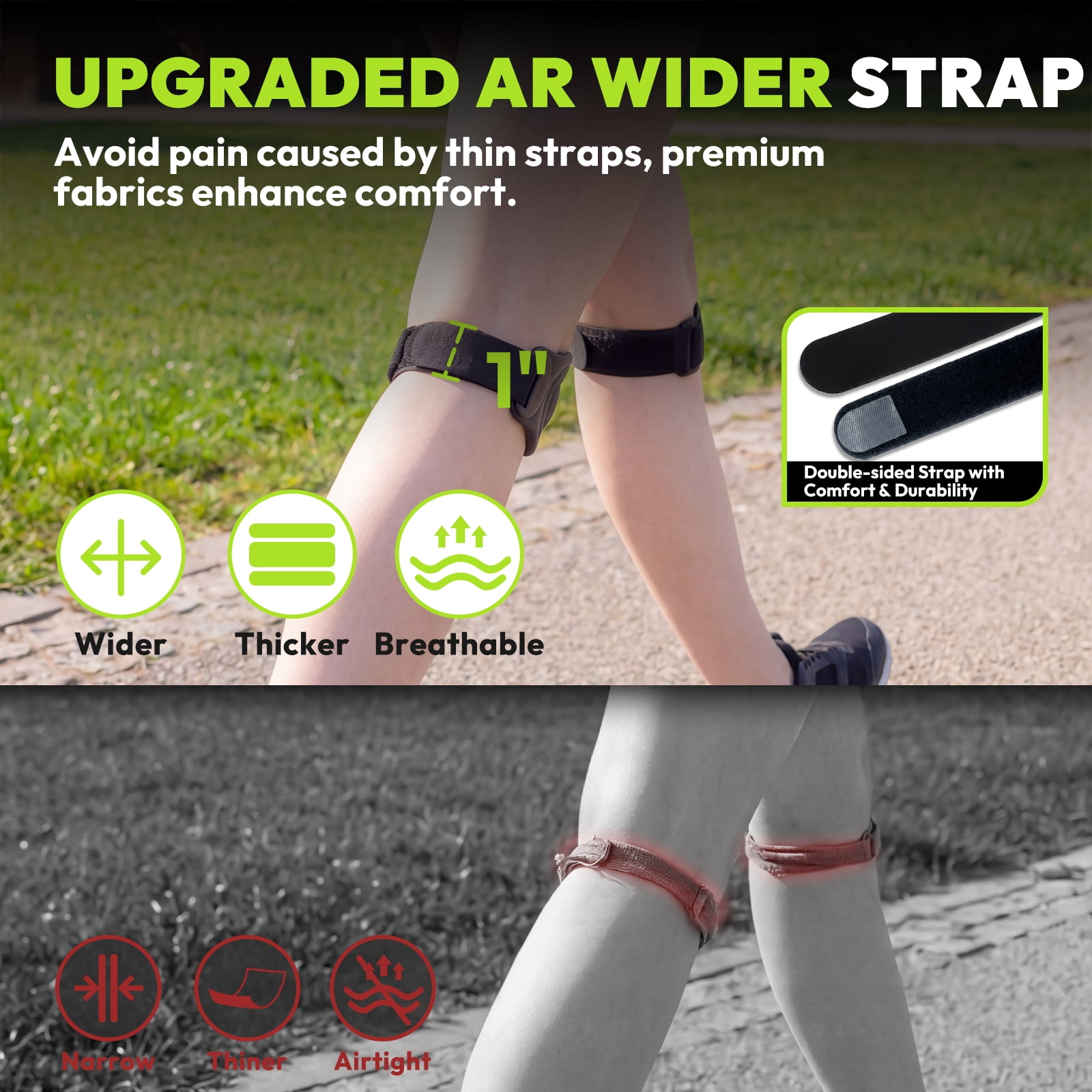 HANDBODE Patellar Tendon Support Strap, Silicone Knee Brace for men women, Adjustable Patella Band Support for Hiking, Running, Jumpers Knee, Osgood Schlatter, 2 PCS