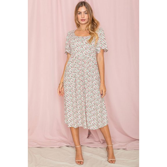 Ivory Ditsy Floral Butterfly Sleeve Square Neck Midi Dress