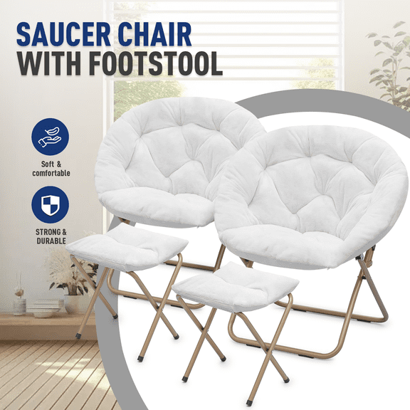 OSM Folding Faux Fur Saucer Chair with Ottoman, Foldable Metal Frame Oversized Comfy Accent Chair for Bedroom Living Room Dorm, White, 2 Pack