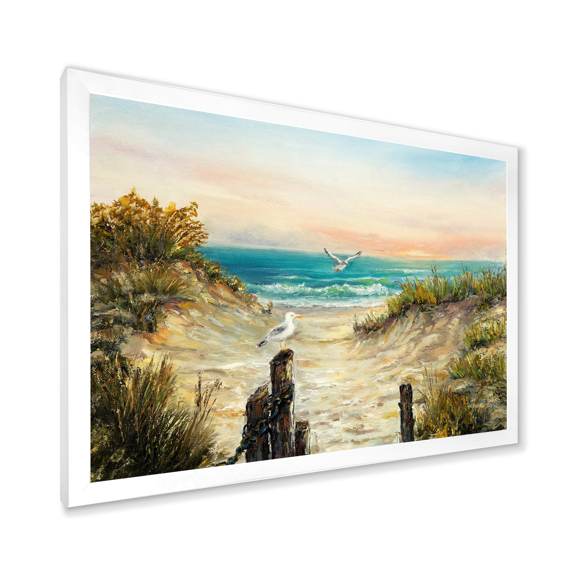 Ocean Dunes During Pink Sunset on Beach 40 in x 30 in Framed Painting Canvas Art Print, by Designart