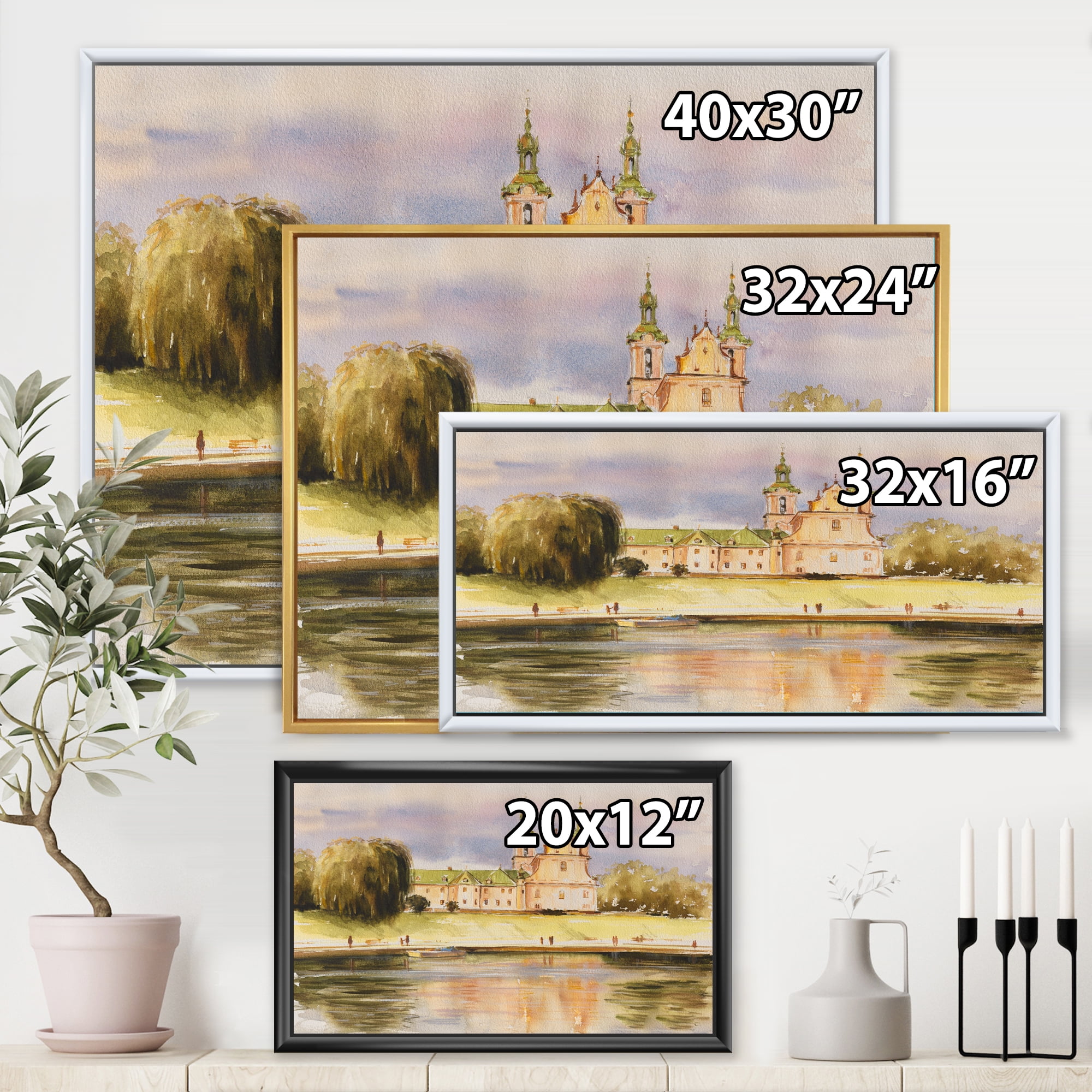 Designart 'Historical Church On The Rock On Banks of The River' Lake House Framed Canvas Wall Art Print