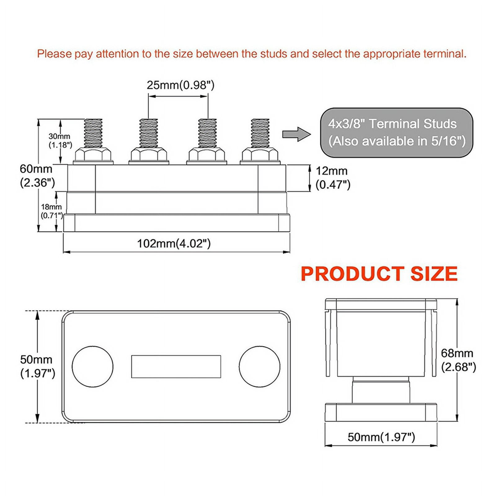 2X 600A Bus Bar 4-Stud (3/8 Inch) M10 High Current Copper Busbar Terminal Block Marine DC 12V 24V 48V with Cover(Black)