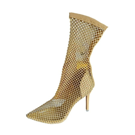 OJSFQUFP Womens Shoes Winter Warm Boots Women s Fashion Sexy Pointed Fine Heel Rhinedone Color Diamond Sandals Fishnet Socks Elastic Socks Sandals Heel Boots Gold 39