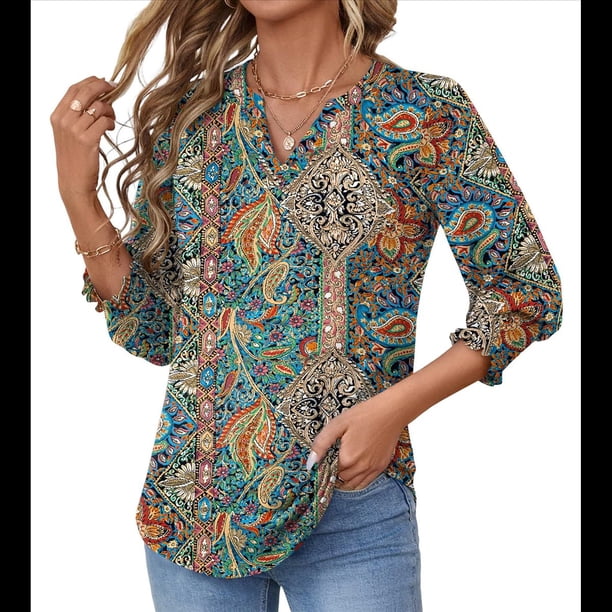 Blusas de Moda para Mujer 2025, Blusas Informales de Negocios con Mangas 3/4, Camisetas de Verano. Verde Bohemio S