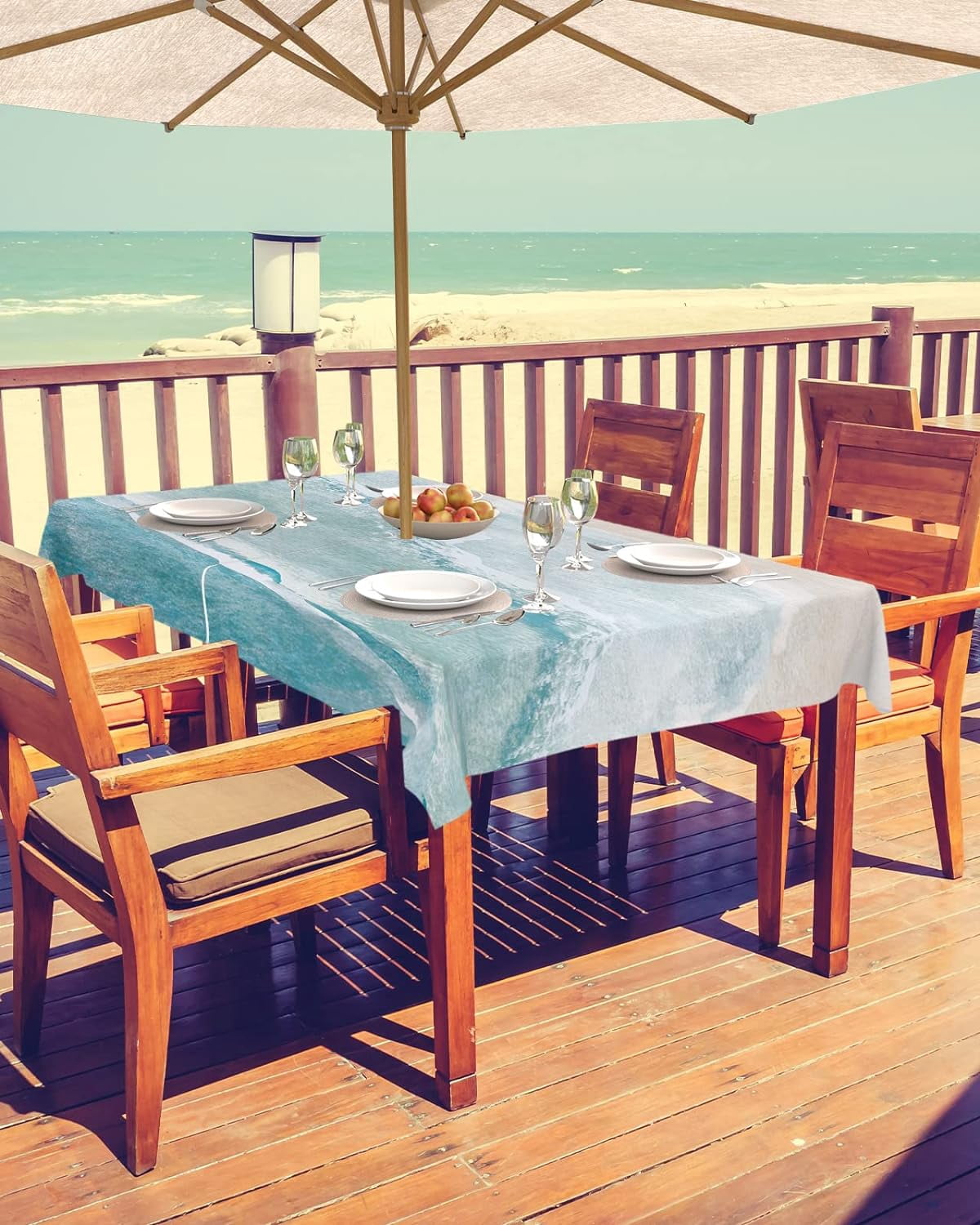 Summer Beach Outdoor Tablecloth - 60x84 Inch Rectangle Dining Table Cover, Coastal Ocean Nautical Seaside Aqua Beige Waterproof Outdoor Table Cloth with Umbrella Hole & Zipper for Picnic/Patio/Party