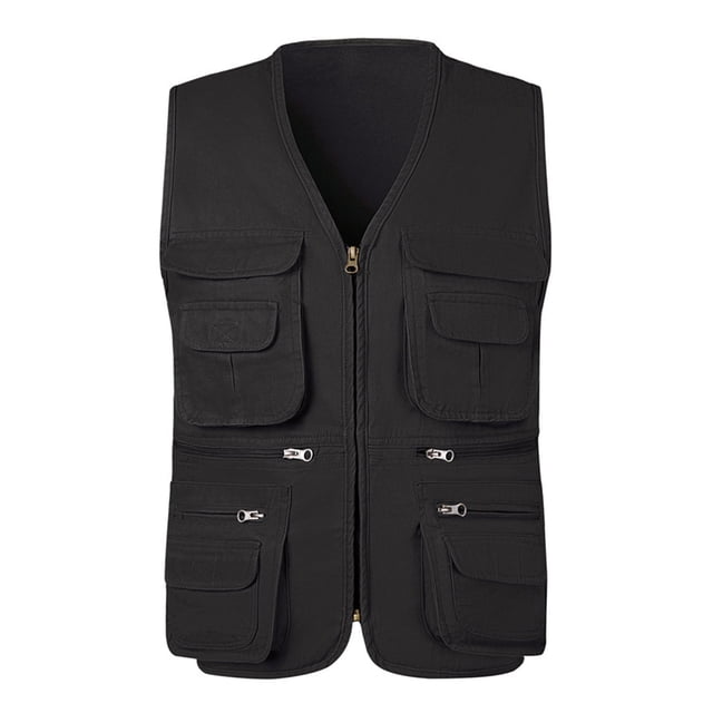 Handshe Gilet Utilitaire Uni pour Homme, Veste Sans Manches à Col en V à Multiples Poches pour Photographie de Plein Air, Randonnée, Tenue Décontractée, Grande Taille