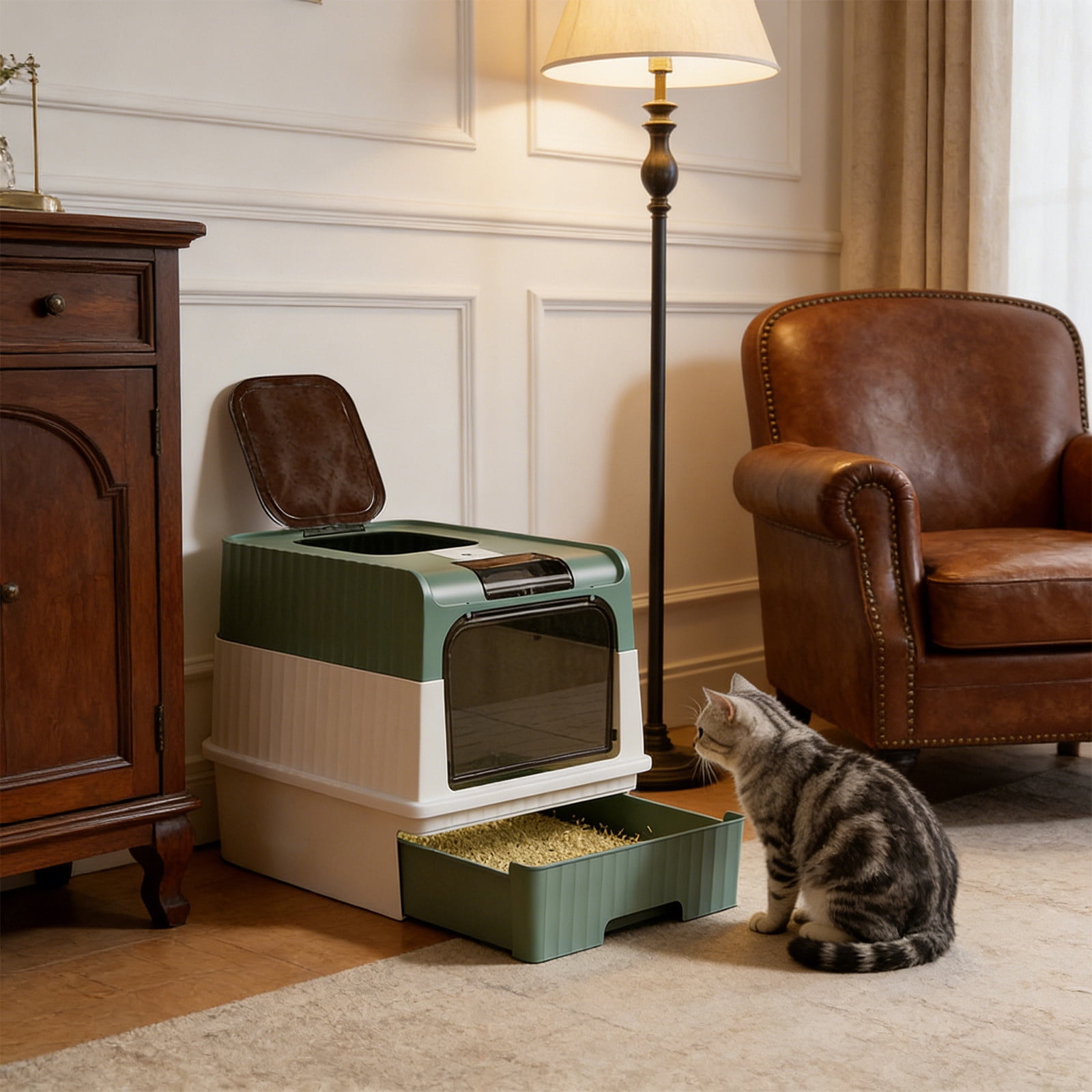 WLAGOOD Large Portable Foldable Cat Litter Box 19.3×13.8×14.6in Fully Enclosed Pan Detachable Drawer Odor Control Anti-Splashing Smooth Edge Spacious Entrance Indoor Cat Toilet