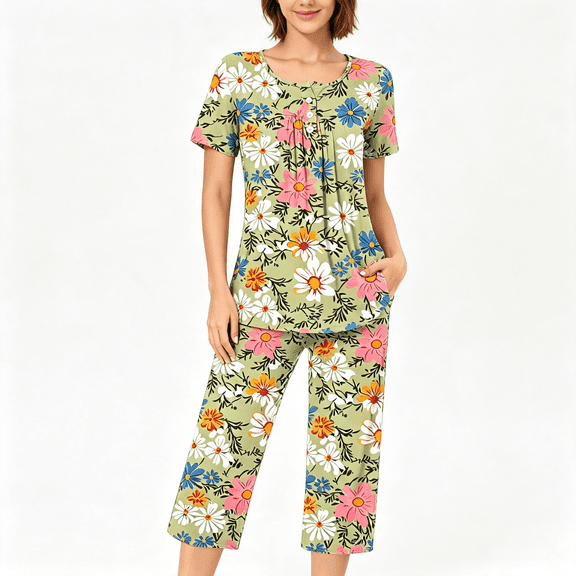 CAZOFW Pajamas for Women,2 Piece Floral Short Sleeve Top,Capri Pant,Lounge Sleepwear Sizes S-3X