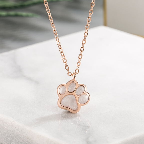 Cute Cat Paw Print Pendant Necklace for Women Rose Gold Plated Dainty Sweet Kitten Dog Footprints Enamel Heart Choker Lovely Minimalist Adjustable Chain Necklaces Pet Memorial