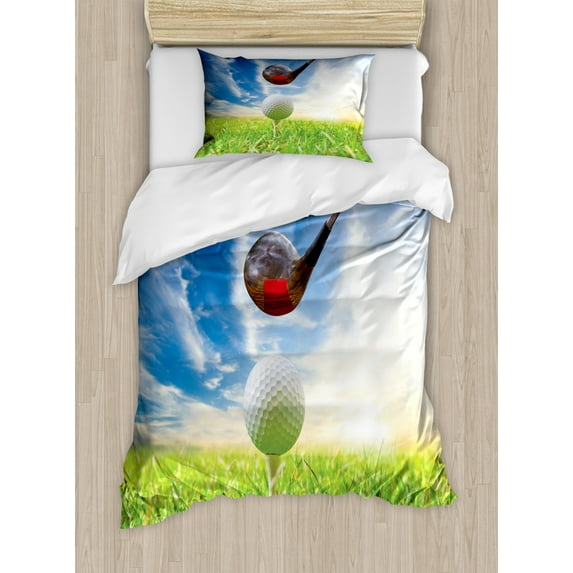 Sports Duvet Cover Set Twin Size, Outdoor Hobby Themed Golf Club and Ball in a Sunny Summer Day Scene, Decorative 2 Piece Bedding Set with 1 Pillow Sham, Green Blue White and Grey, by Ambesonne