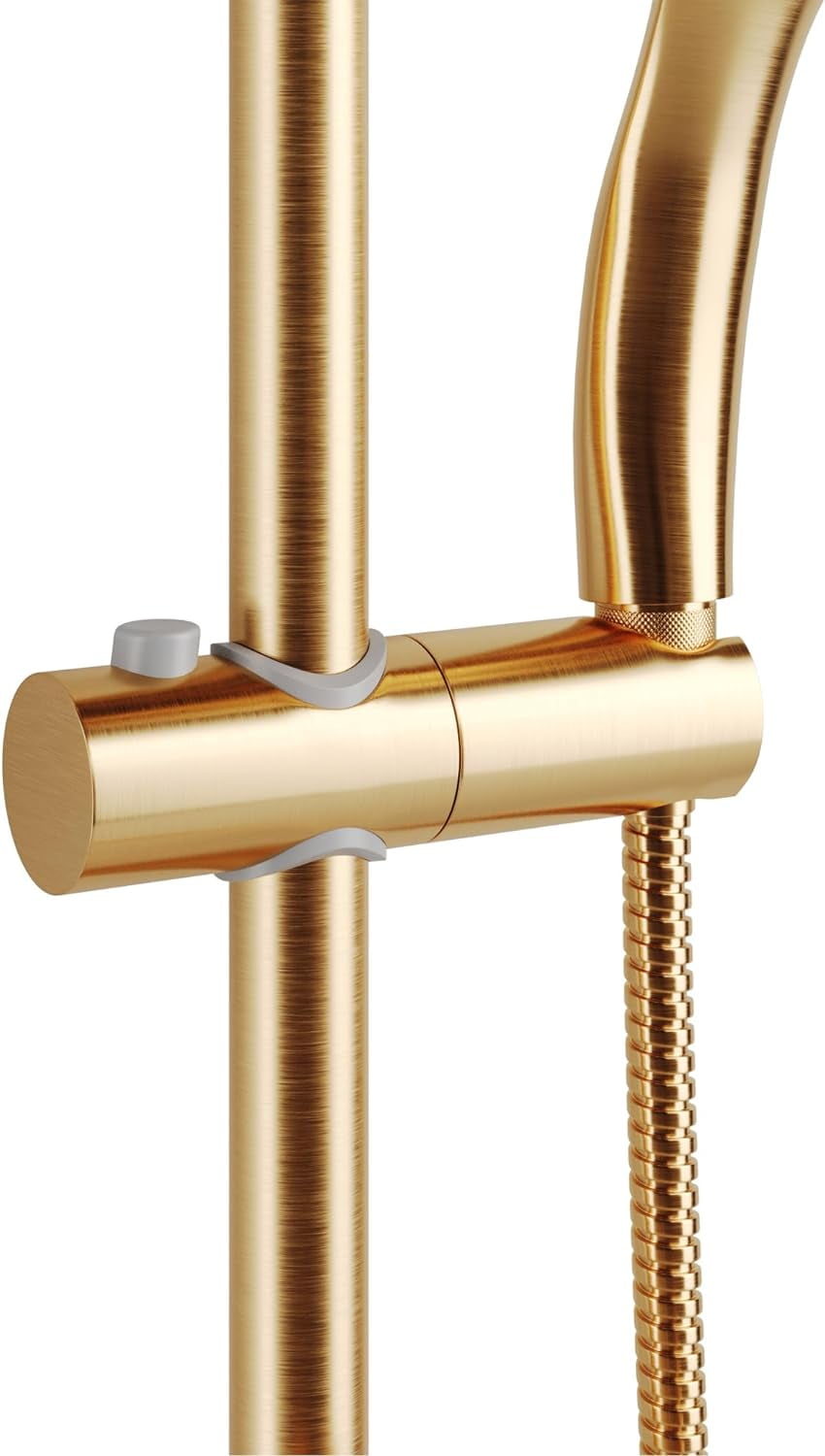 Kauai III 8-in Rain Showerhead Shower System with Slide Bar and Integrated Soap Dish Brushed Gold 1.8 GPM