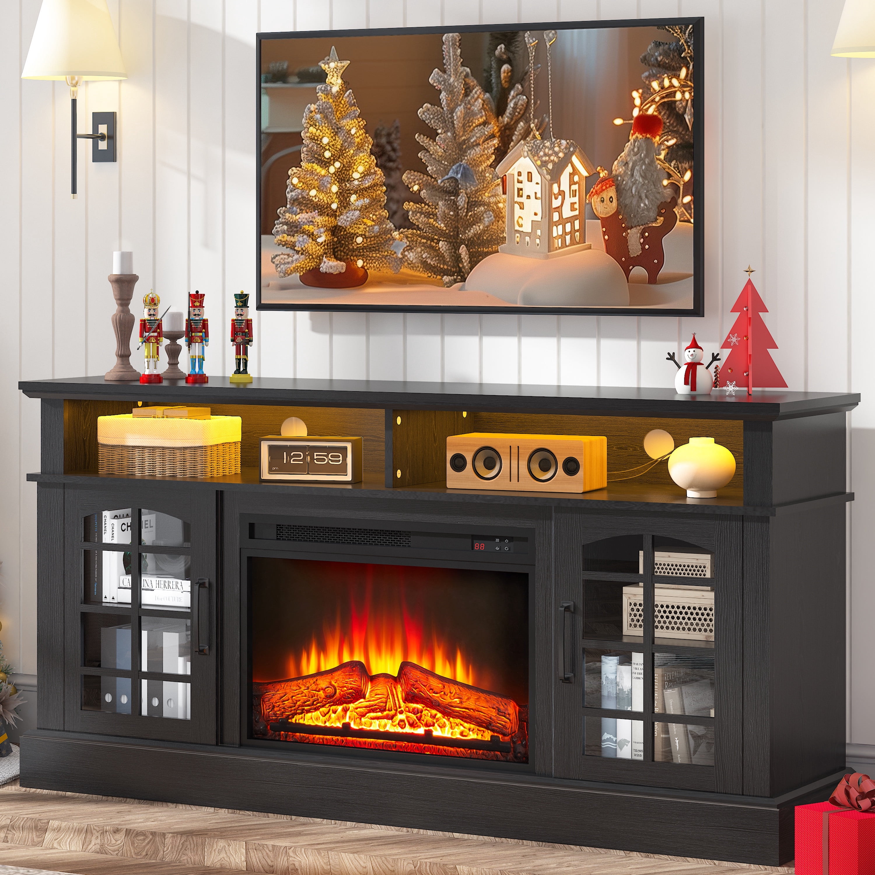 Paproos Fireplace TV Stand for 65 inch TV with LED Lights, 32.0in Tall TV Stand with 23'' Electric Fireplace, Entertainment Center for Living Room, 400 Sqt Heating Area,Black Tabletop&Black Cabinets