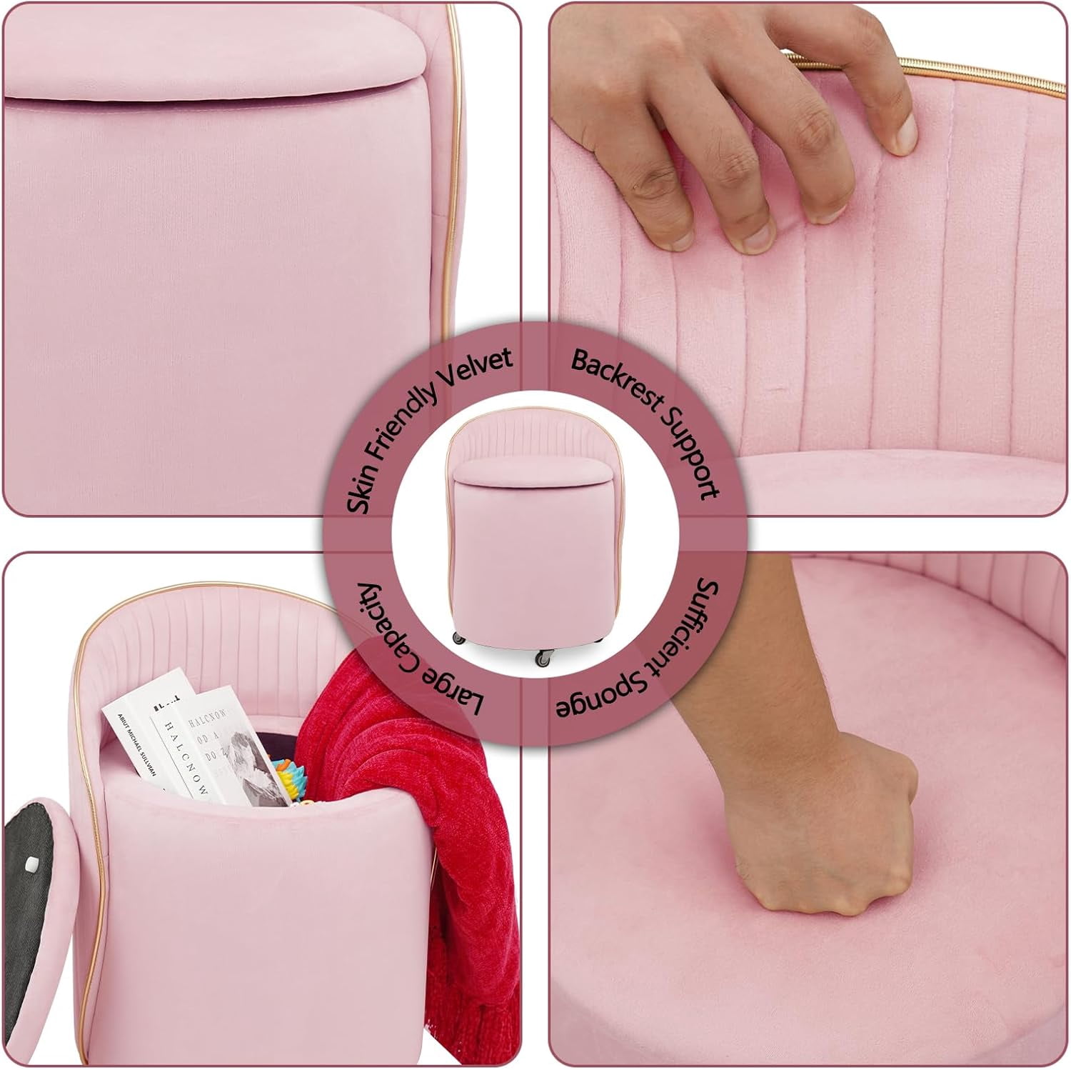 Round Storage Ottoman, Upholstered Velvet Vanity Stool with Lumbar Support, Swivel Rolling Wheels, Small Foot Stools Coffee Table Padded Seat for Makeup Room, Living Room, Bedroom (Pink)