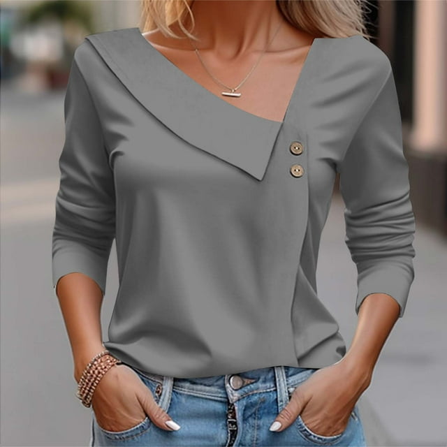 Blouses pour Femmes Mode Décontractée Couleur Unie Blouse Boutonnée T-shirt Hauts Blouse