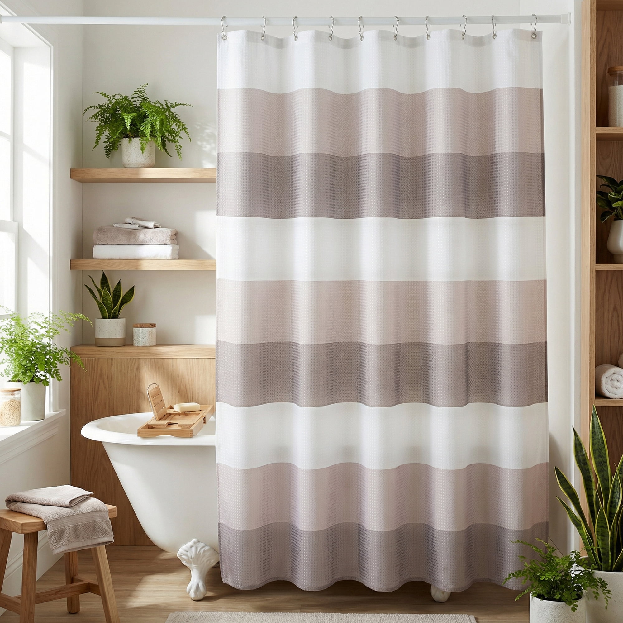 Unique Bargains Waffle Stripe Shower Curtain Sets with 12 Hooks Grey 71"W x 71"L