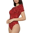 thumbnail image 2 of Haiem Red Glitter Women's Crew Neck Short Sleeve Bodysuit Tops Stretchy Slim Basic-Large, 2 of 9