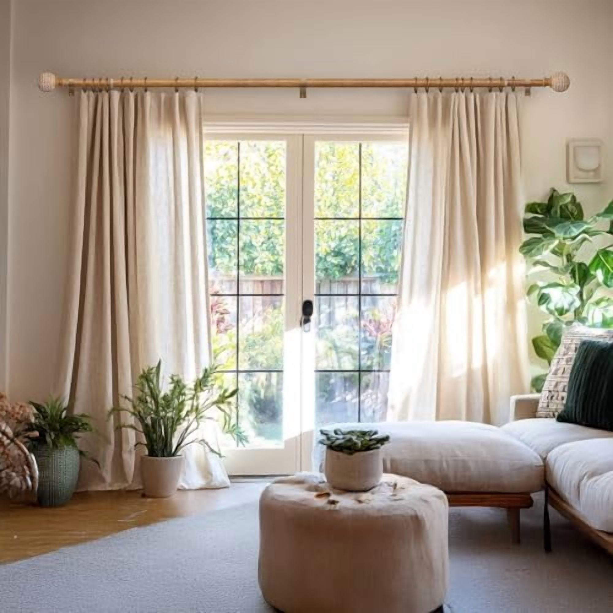 Wood Curtain Rods for Windows,1'' Diameter Drapery Rods with Imitation Wood Grain Leaf Pattern Finials,Boho Adjustable Heavy Duty Curtain Rods Set,18-45'',Color:Natural Wood