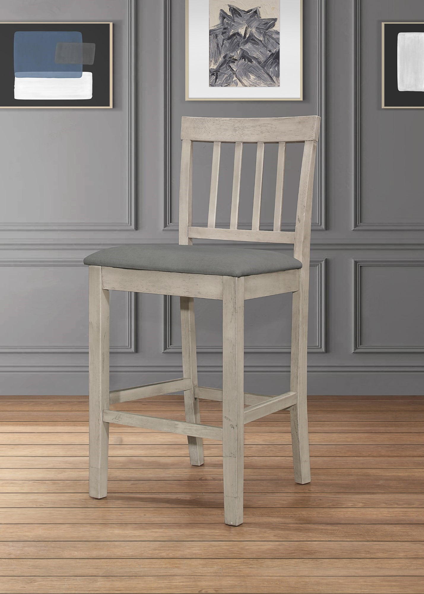 Home Design Wilder 5-Piece Counter Set, Antique Gray/Gray, Square Table with Slat-Back Cushioned Chairs, Modern Minimalist Style