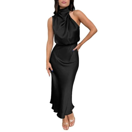 Rigardu Women s Summer Long Formal Satin Dress Mock Neck Sleeveless Side Slit Flowy Maxi Tank Dresses Black+XL