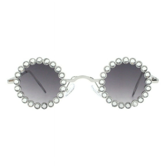 Round Rhinestone Sunglasses Women's Small Metal Frame Vintage Style UV400 Silver