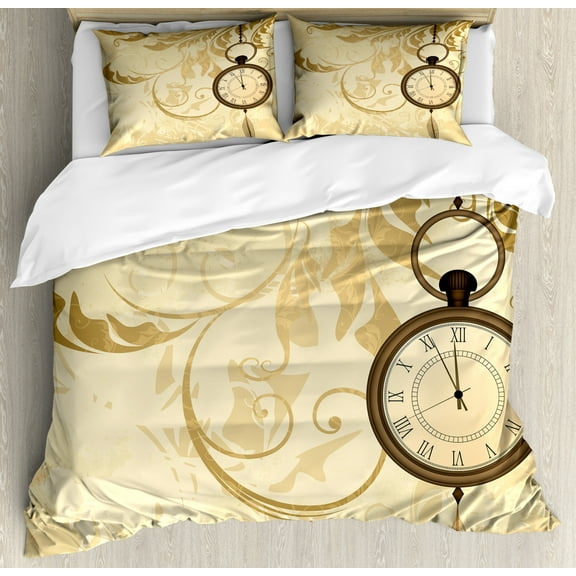Clock Duvet Cover Set, Vintage Grungy Background Design with Pocket Watches on Chain Romantic Retrort Print, Decorative 3 Piece Bedding Set with 2 Pillow Shams, King Size, Brown, by Ambesonne