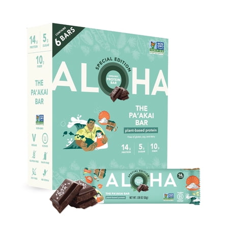 ALOHA, Organic Plant Based Protein Bars, The Pa'akai Bar, 14g Protein (Pack of 6)