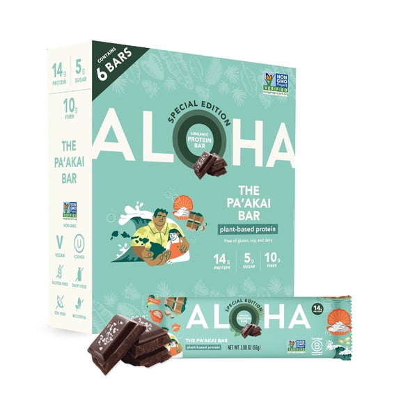 ALOHA, Organic Plant Based Protein Bars, The Pa'akai Bar, 14g Protein (Pack of 6)