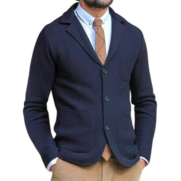 UKAP Men Blazer Long Sleeve Cardigan Jackets Single-breasted Business Jacket Casual Office Outwear Navy Blue M