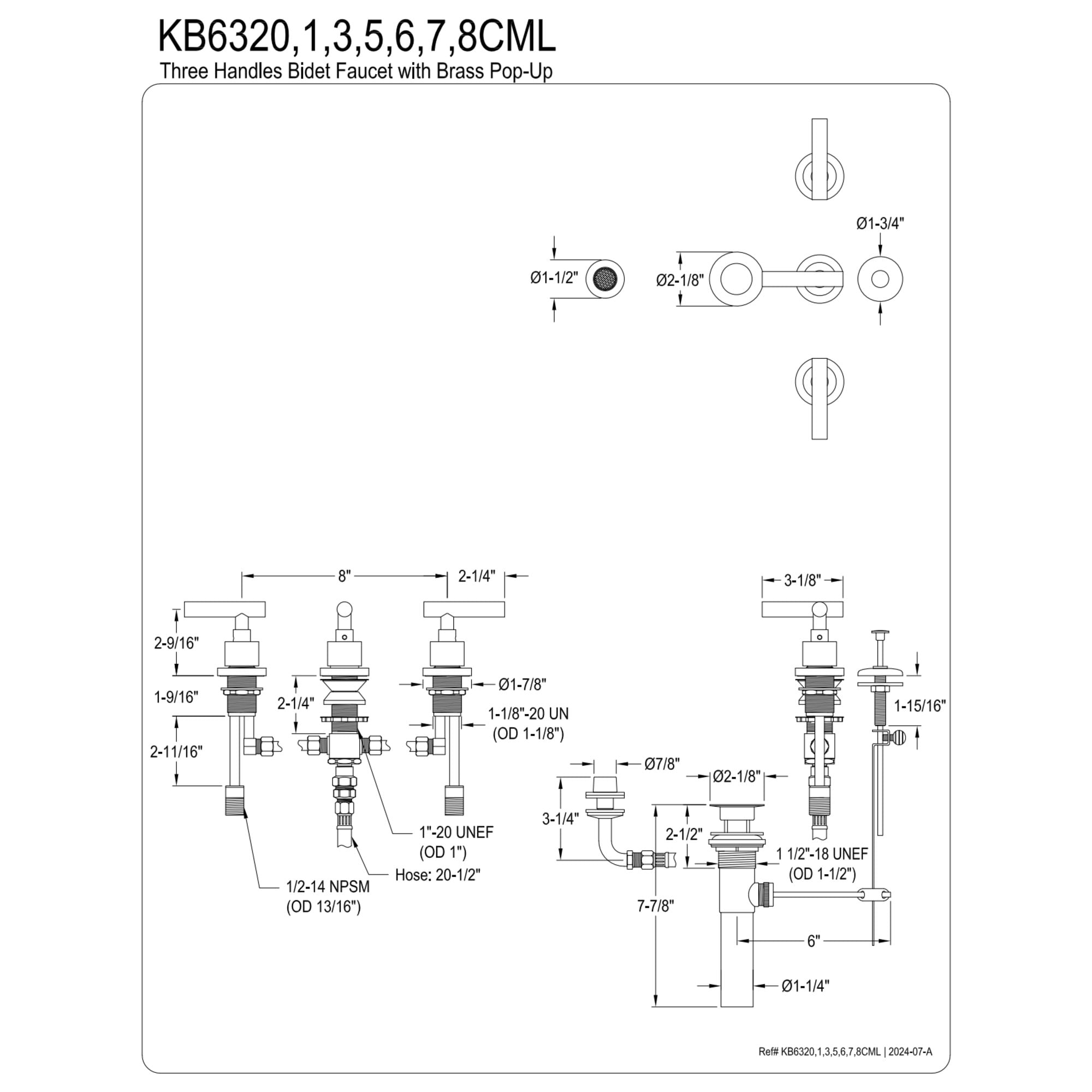 Kingston Brass KB6320CML Manhattan Three-Handle Bidet Faucet with Brass Pop-Up, Matte Black