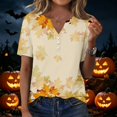 thumbnail image 2 of Minjewel Womens T Shirts Casual V Neck Short Sleeve - Fall Leaves Print Button Detail, T Shirts for Women Seasonal Graphic Tee, Summer Tops for Women for Autumn,Saffron 2XL, 2 of 6