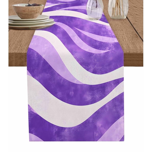 Purple Waves Table Runner Cotton Linen 48 Inch Holiday Dresser Scarves, Ombre Sea Ripples Shabby Beach Tablerunner for Kitchen Coffee Dining Bedroom Home Living Room Dinner Scarf Décor 13''x48''