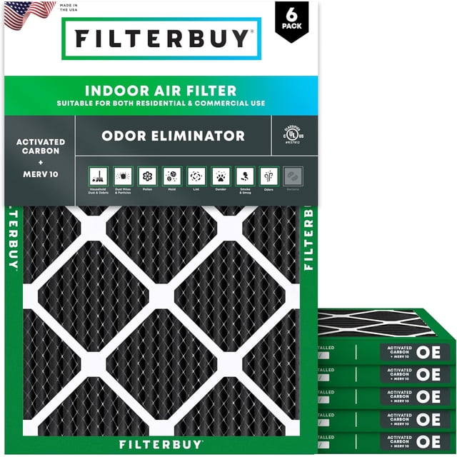 Filterbuy 14x20x1 MERV 8 Odor Eliminator Pleated HVAC AC Furnace Air Filters with Activated Carbon (6-Pack)