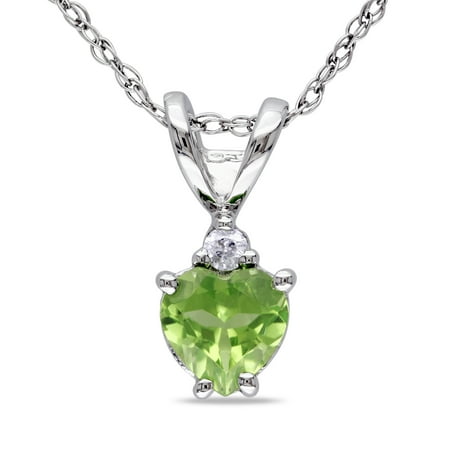 Genuine Peridot Heart Pendant - 1/2 Carat T.G.W. Peridot Heart and Diamond Accent 10kt White Gold Pendant, 17