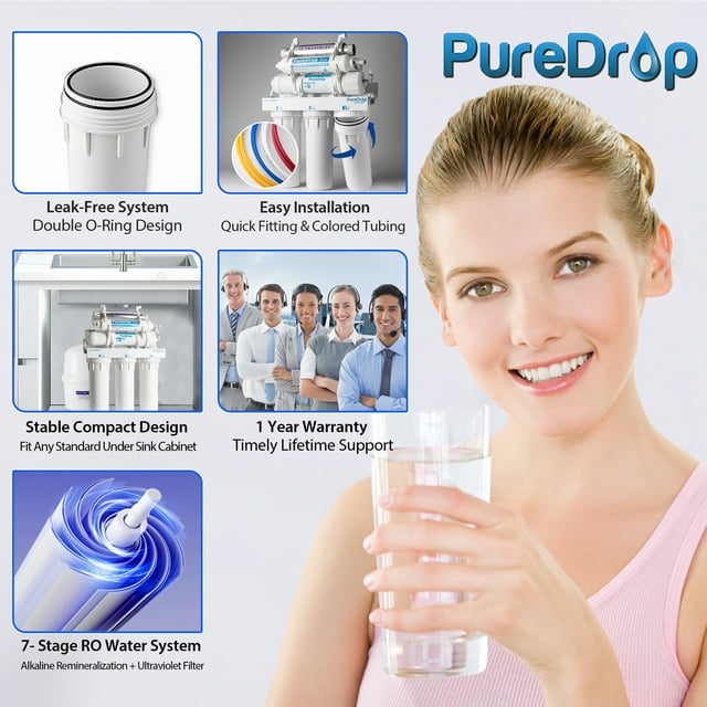 PureDrop RTW5AK-UV Reverse Osmosis RO Drinking Water Filtration System with Alkaline Remineralization & UV Filter, RO Water Filter System Under Sink, 7 Stage Under Sink RO Water Filter with Faucet