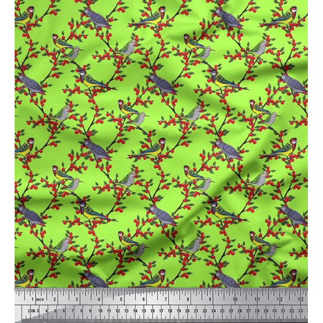 Soimoi Tissu en Satin de Soie Feuilles, Baies Rouges & Imprimé Perroquet Tissu de Couture au Mètre 42 Pouces de Large