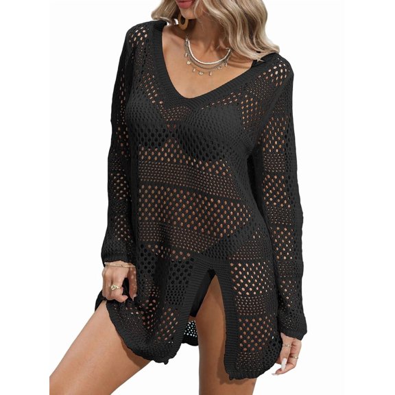 Women's Mesh Knit Crochet Swimsuit Cover Swimwear Pullover Dress Bathing Suit for Beach Black One size