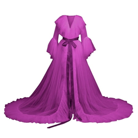 TAIAOJING Women Fashion Tulle Robe Long Lingerie Nightgown Bathrobe Sleepwear Bridal Robe Lace Lingerie