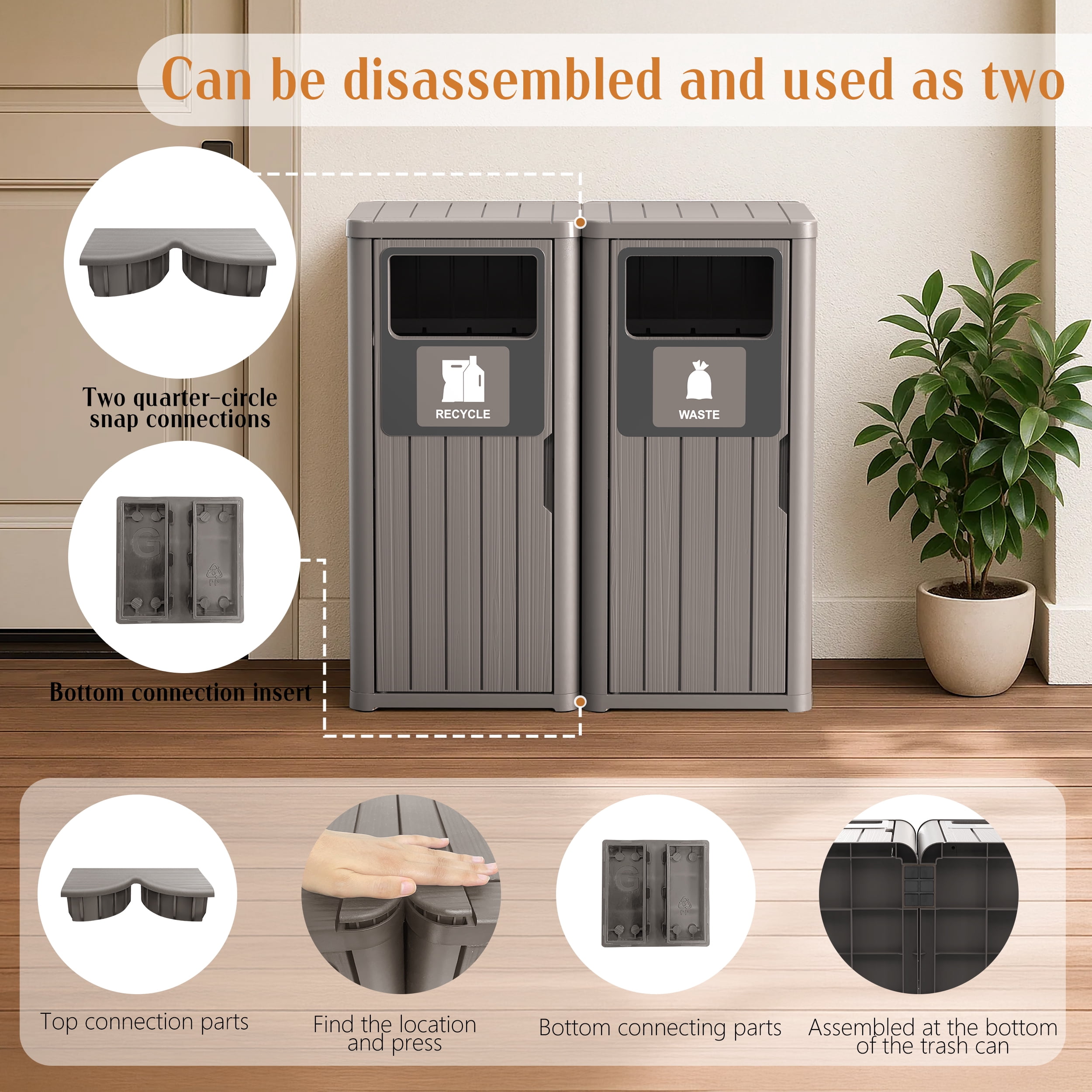 Outdoor Single Barrel Trash Can,Waterproof Resin Garbage Can with Garbage Labels,Durable Waste Bin for Porch, Backyard,Kitchen,for 30 to 39 Gallon Trash Bags（Gray，2)