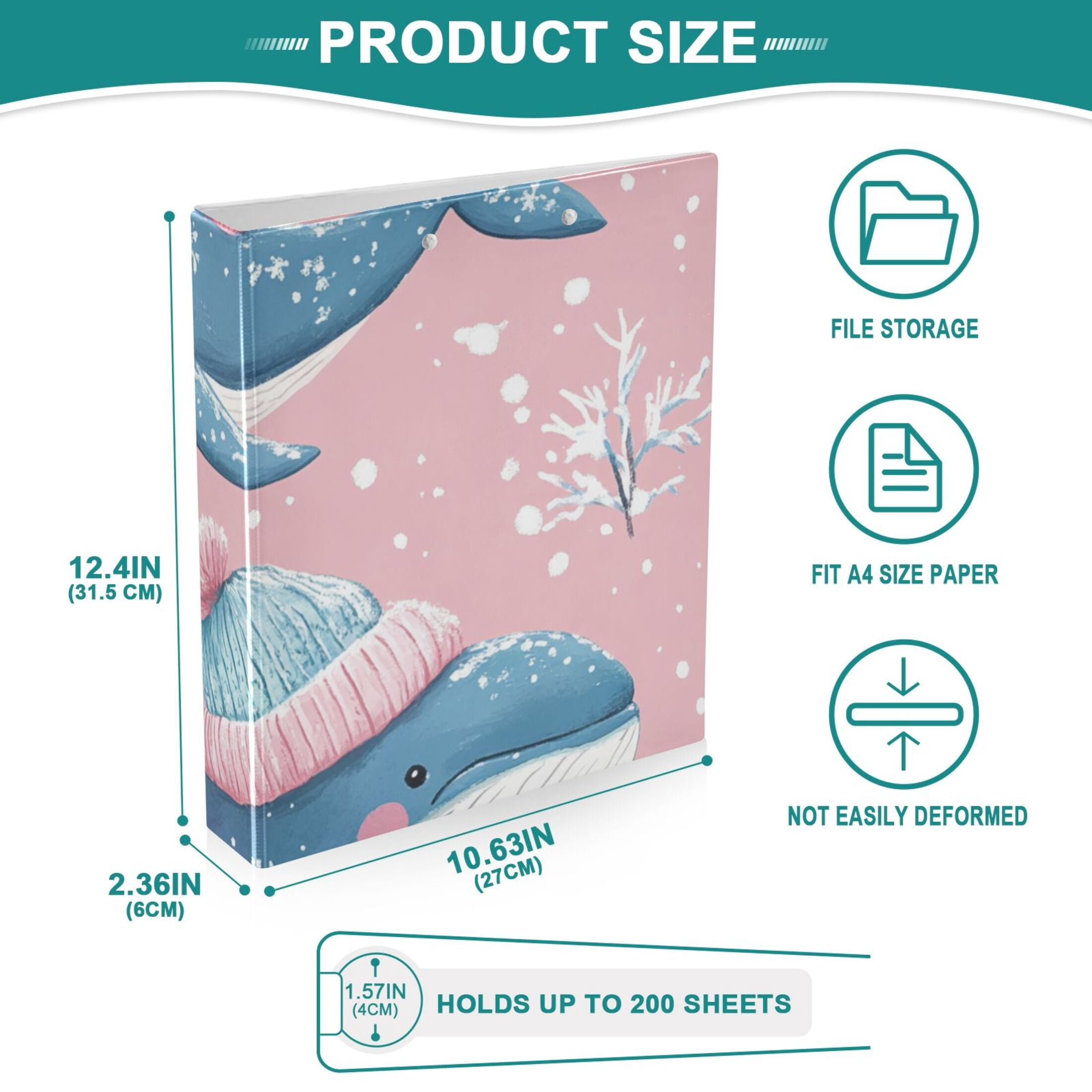 Whales in Winter 3 Ring Binders 1.5 inch Hardcover File Folders with Interior Pockets A4 Size Organizer for School Office Hospital