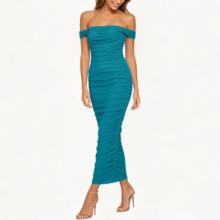 ruched split midi dress Hinvhai Women's off Shoulder Ribbed Midi Dress, Solid Sleeveless Ruched Split Bodycon Summer Club Dress Mint Green S(s), Size: Small
