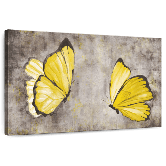 Elephant Stock Yellow Butterflies Wall Art - Horizontal Canvas Wall Art - Dining Room Wall Decor - Animal Canvas - Yellow And Gray Decor - 12" x 8"