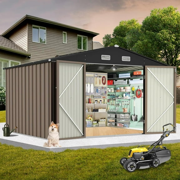 12x10 Ft Outdoor Storage Shed, Large Steel Multipurpose Yard Shed, Metal Outdoor Tool Shed with Sloped Roof and Door Lock Design for Organizing Tools & Equipment in Yard, Garden, Brown