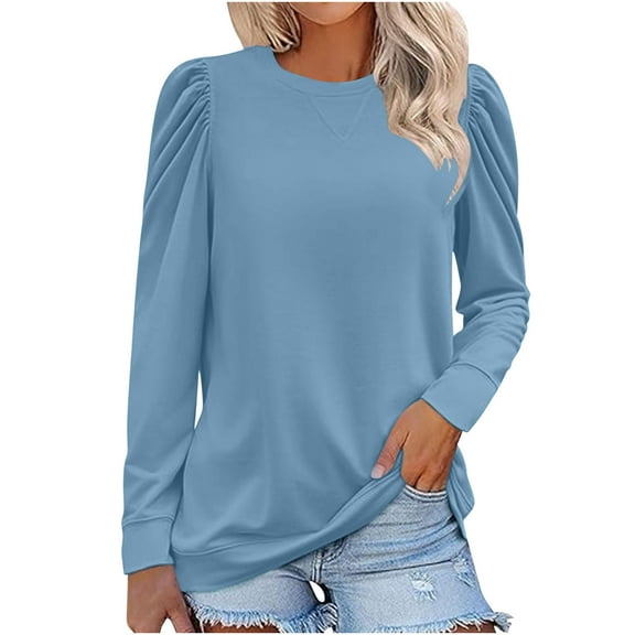 YUGYXL Womens Tops Long Puff Sleeve Shirts Blouses for Women Fall Tunic Top Dressy Pullover Work Business Casual Outfits Light Blue L