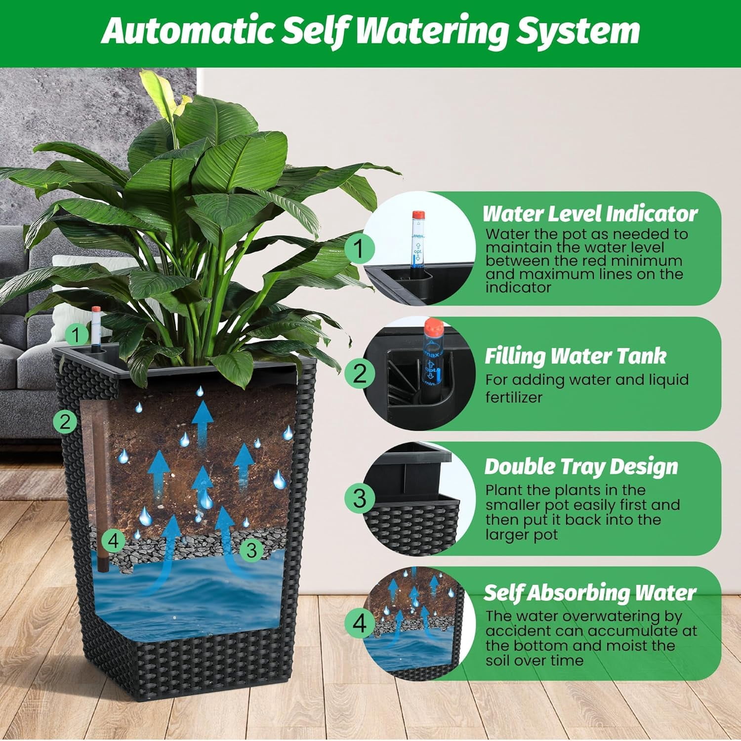 Garvee 15.6" Tall Planter Pots Set of 2, Rattan style, Tray & Water Level Monitor, Black
