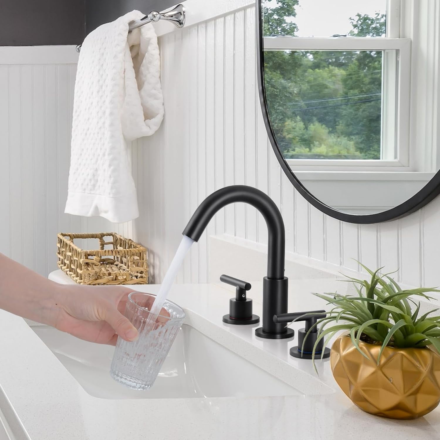Zovajonia Matte Black Bathroom Faucet 3 Pieces with Metal Drain Assembly